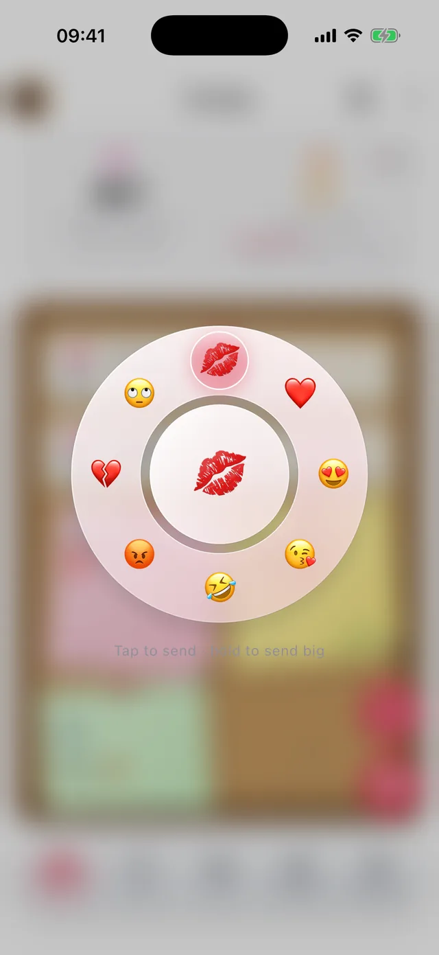 The interaction wheel floating over the home screen with eight emoji to choose from.