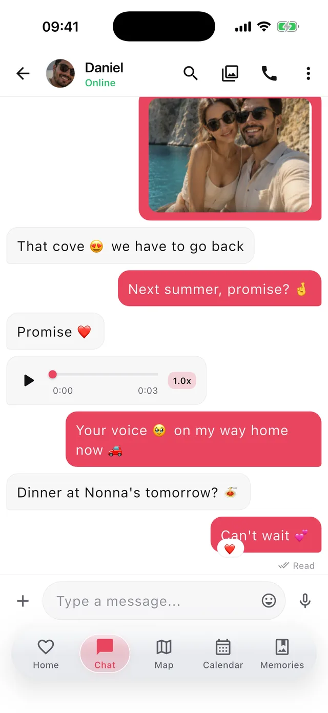 A Bini chat between two partners, with a shared photo and a voice note.