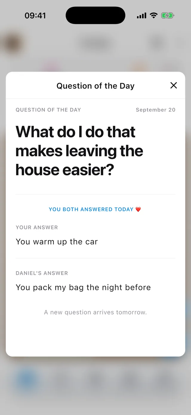 Question of the Day, with both partners&rsquo; answers revealed together.