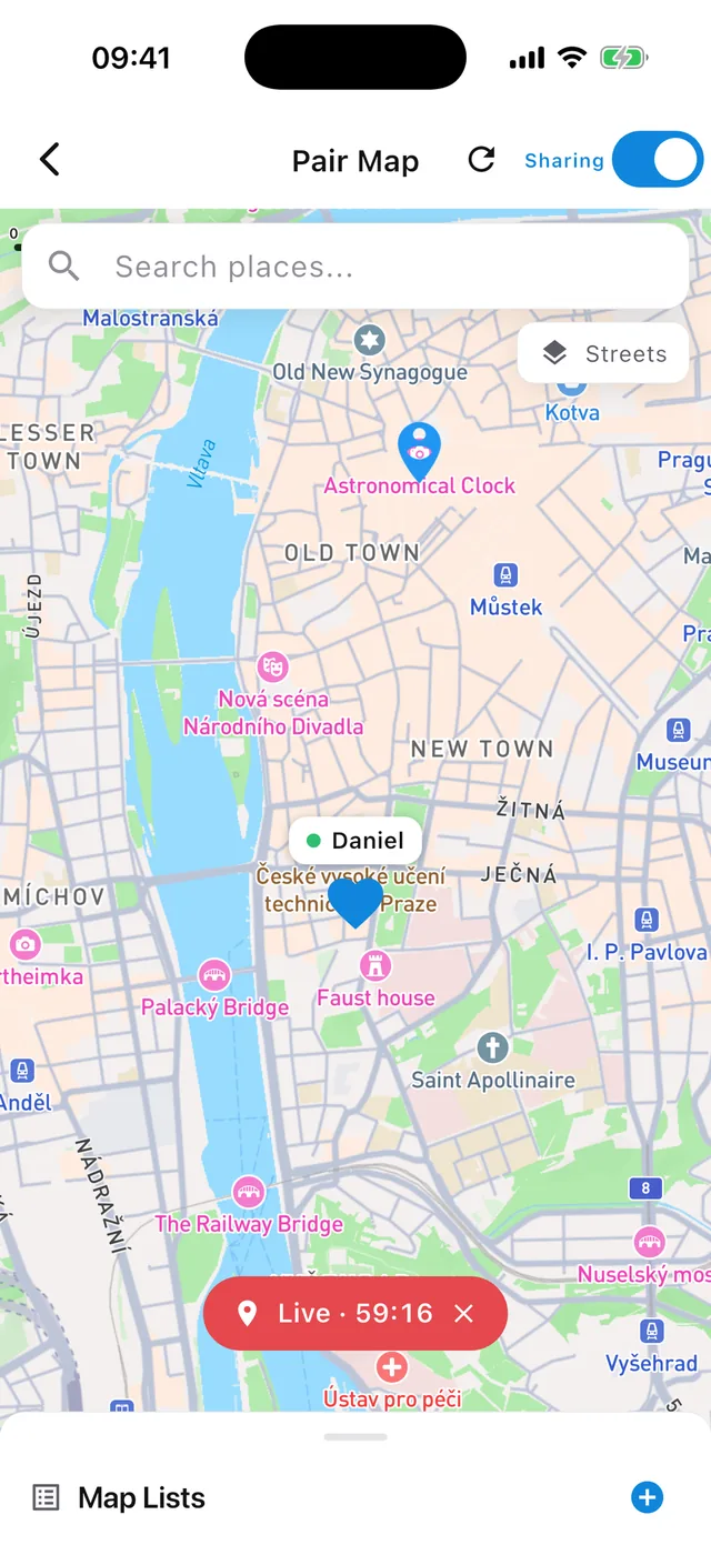 The Pair Map showing a partner&rsquo;s live location with a Go Live countdown.