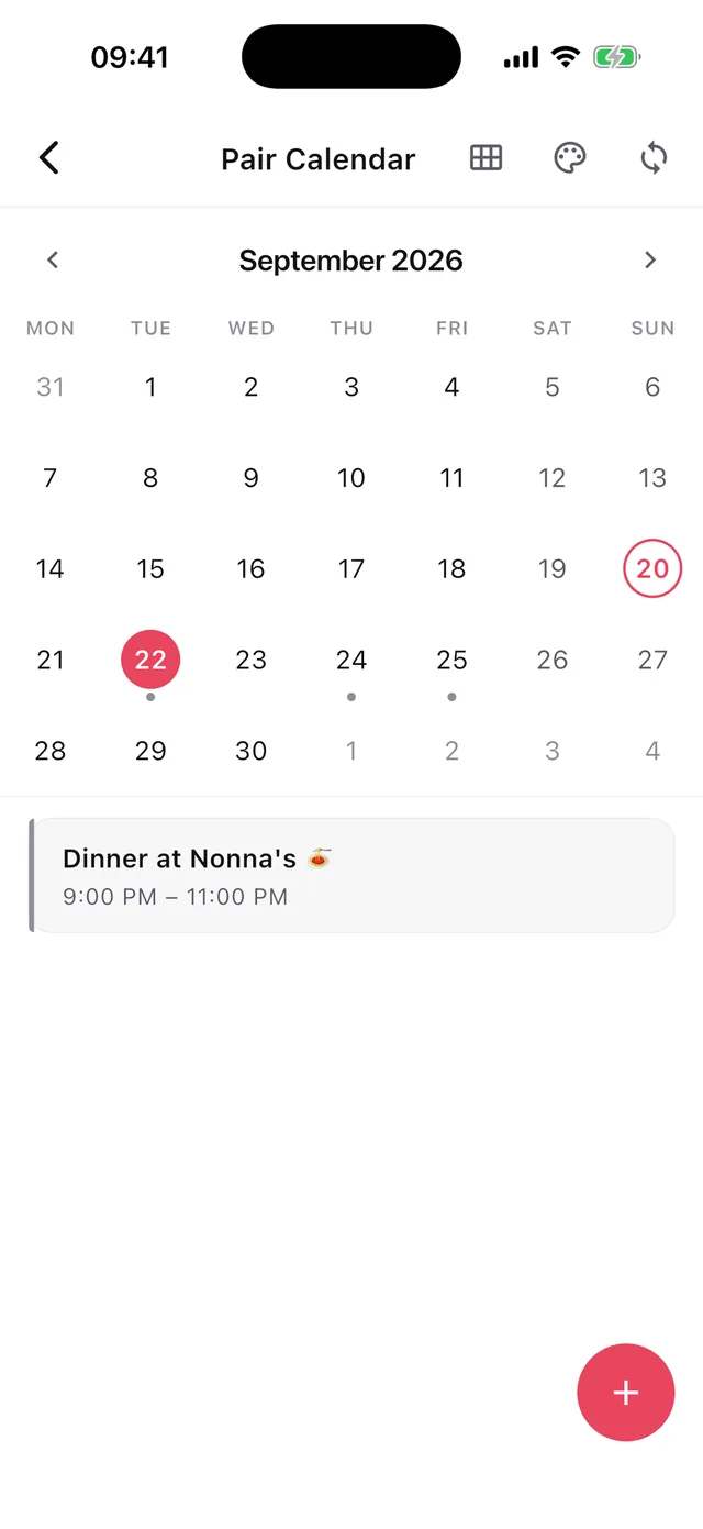The shared Pair Calendar in month view with an evening plan listed underneath.